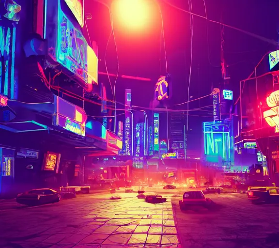 Image similar to a dreamlike cyberpunk city sit in the very far future, neon signs, shops and bars, floating buildings, glowing neons, synthwave, slightly abstract, rich deep colors, 4 k, realistic photography, flying cars in the distance, robot humanoids, anthropomorphic vehicles, fantasy setting, brilliant dreamy lighting, 8 0 s vibe, morning, blue sun