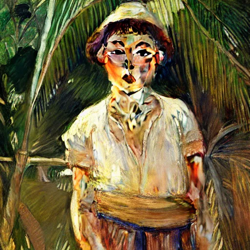 Image similar to a ultradetailed beautiful painting of a girl on amazonas by jules bastien - lepage, hans belmer, frank weston and gustave baumann, trending on artstation, mediterranean, palm trees, light sparkles, sharp focus, soft light