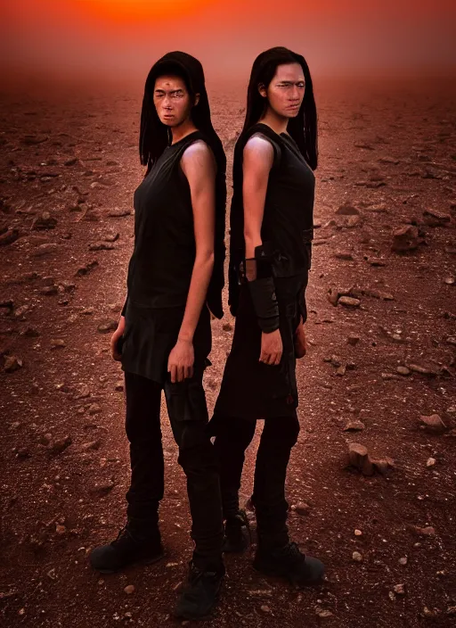 Prompt: cinestill 5 0 d photographic portrait by steve mccurry of two loving female androids wearing rugged black techwear on a desolate plain with a red sky in front of a brutalist structure, extreme closeup, cyberpunk style, dust storm, 8 k, hd, high resolution, 3 5 mm, f / 3 2, ultra realistic faces, ex machina