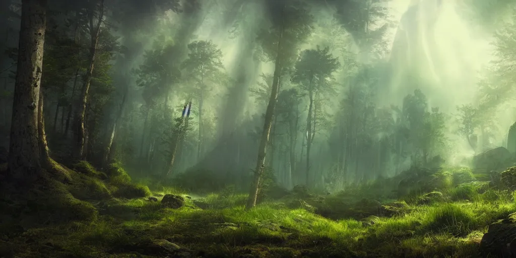 Image similar to epic fantasy landscape in a forest, hyper mystical, filmic, cinematic, cinematic lighting, fog, god rays, volumetric lighting