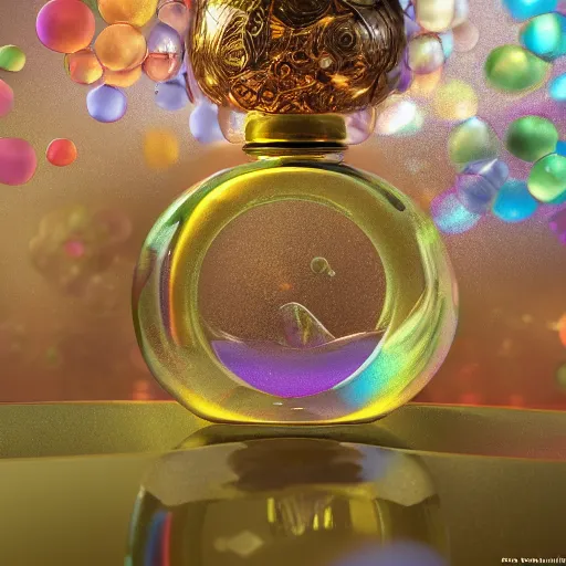 Image similar to perfume bottle floating in rainbow soap bubbles, path traced, environment, highly detailed, concept art, realistic, octane render, up close shot shinji aramaki, karol bak, alphonse mucha
