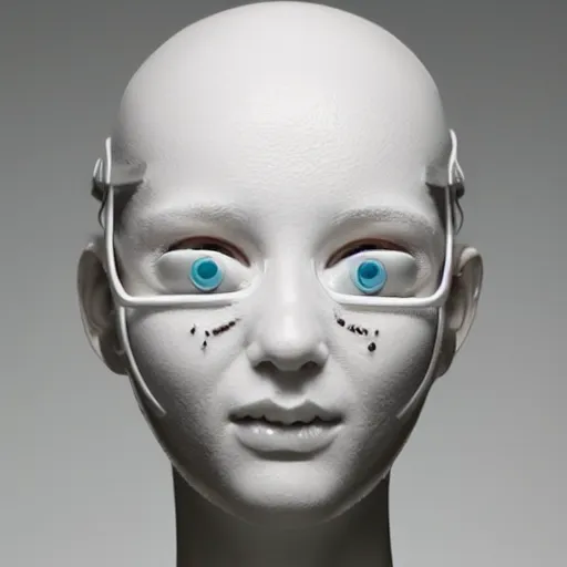 Image similar to full head and shoulders, beautiful female porcelain sculpture with melting white paint 3 d cyborg elements, white prosthetic eyes, 3 d goggles, smooth, all white features on a white background, delicate facial features, white eyes, white lashes, detailed white liquid, anatomical by daniel arsham and james jean