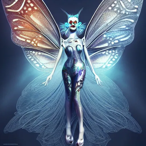 Image similar to realistic illustration of a beautiful mechanical faerie queen with glowing eyes, moth wings with geometric patterns, reflective detailed textures, highly detailed dark fantasy science fiction painting, silver and cool colors, artstation