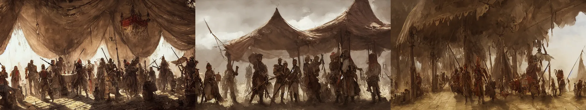 Prompt: armed group of turkic people talking inside of an ornate tent, papyrus, watercolored, jakub rozalski, dieselpunk, artstation