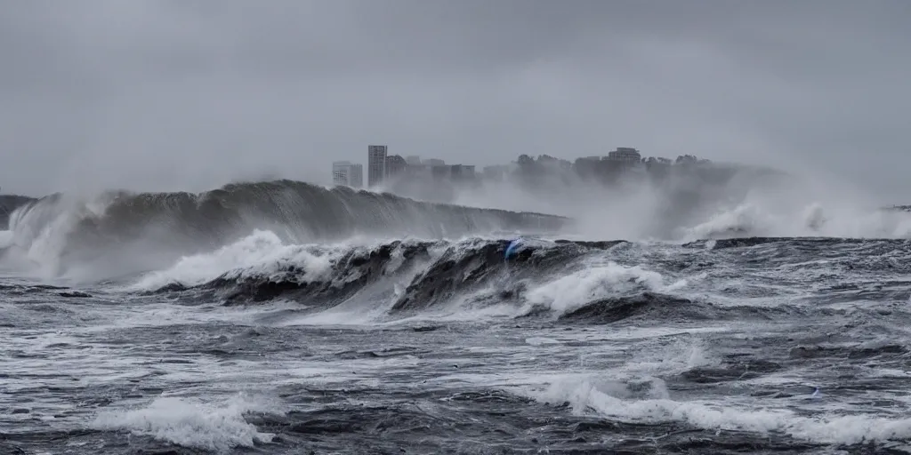 Prompt: tsunami over San Diego, Dramatic, realistic, perspective,