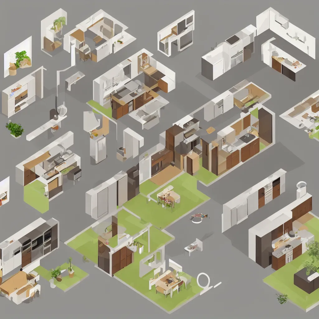 Prompt: isometric view of a kitchen and living room inside a house