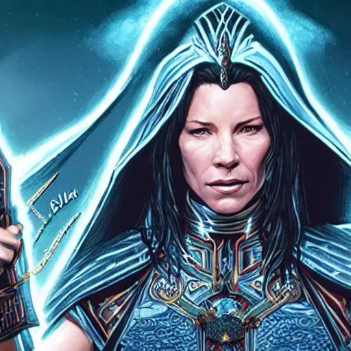 Prompt: evangeline Lilly as a priestess calling down thunder, symmetrical, smooth, sharp focus, art by magali villeneuve and art germ, concept art, very high quality