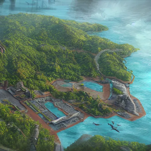 Prompt: Large port on the shore of the island with the jungle, 8k, detailed, concept art, trending on artstation