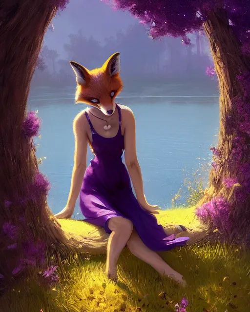 Prompt: an anthropomorphic fox girl with purple hair wearing a simple yellow sundress, she has a pronounced snout and two pointed black ears, beautiful lake background, illustration by greg rutkowski, thomas kindkade, loish, artstation, furaffinity, deviantart