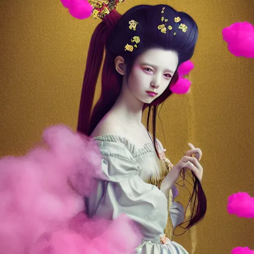 Image similar to 8 k, octane render, realism, tonalism, renaissance, rococo, baroque, portrait of a young lady wearing long harajuku manga dress with flowers and skulls, cotton candy!! ( background chaotic gold leaf flowers )