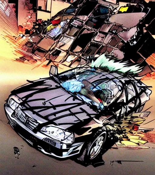 Prompt: a stupid idiot crashes their car into a brick wall and flies through the windshield covered in broken glass, comic book art, by yoji shinkawa and takehiko inoue and kim jung gi, masterpiece, perfect
