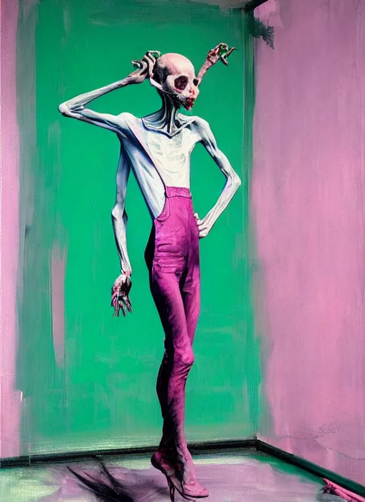 Prompt: an insane, skinny, artist wearing overalls, expressive painting the walls inside a grand messy studio, hauntingly surreal, highly detailed painting by francis bacon, edward hopper, adrian ghenie, gerhard richter, and james jean, soft light 4 k in pink, green and blue colour palette, cinematic composition,