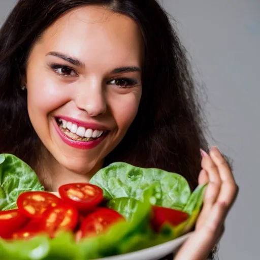 Prompt: close up headshot of a happy woman eating salad, stock photograph, studio lighting, 4k, beautiful symmetric face, beautiful gazing eyes