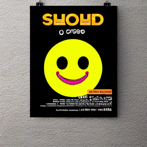 Image similar to acid house rave flyer, poster, smiley face, florescent orange and black