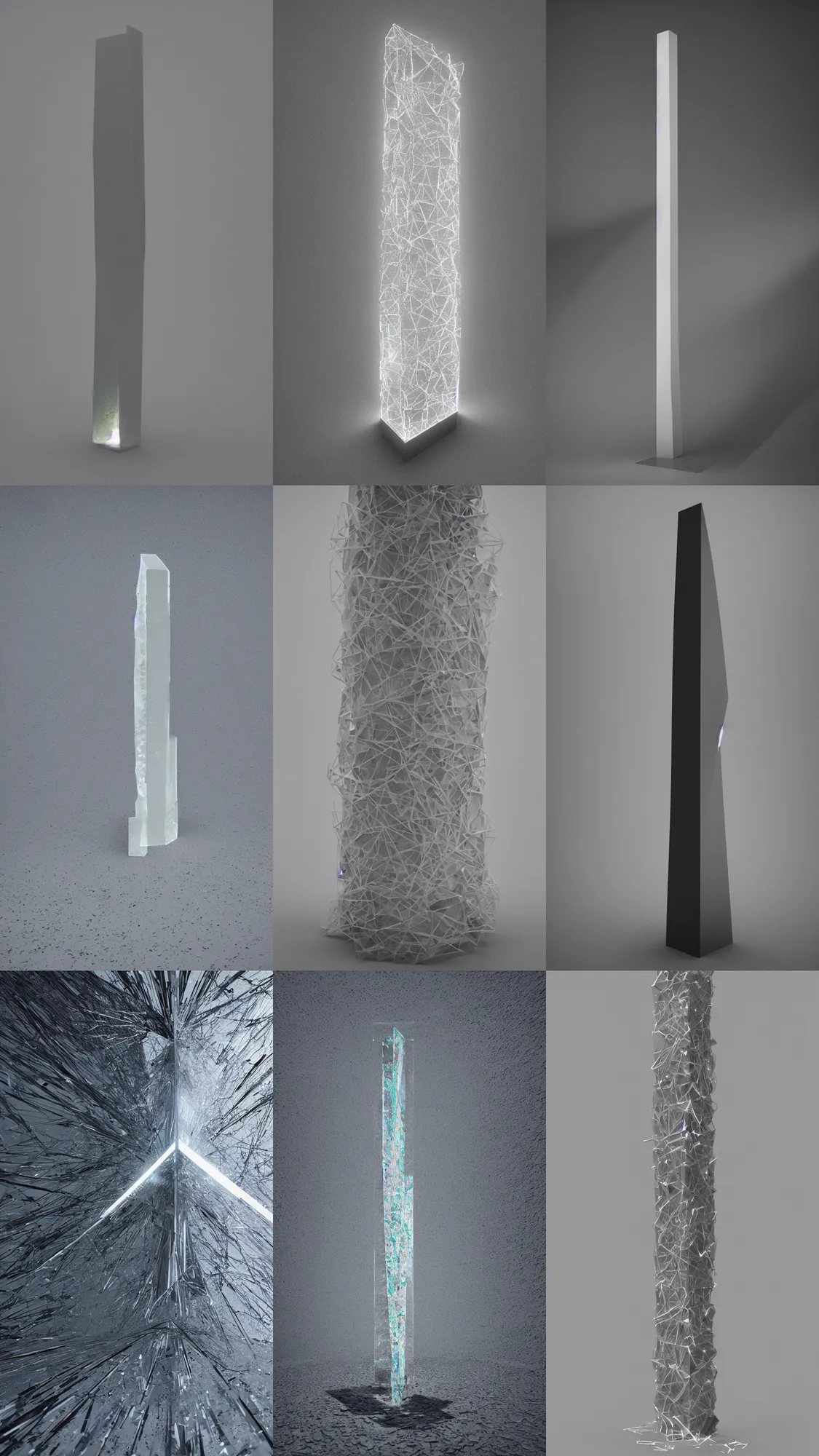 Prompt: glass obelisk of the void, painful cracks, furious lights, dreamed by lynda benglis and benedick bana, perfect white background, octane render, 4 k, 8 k