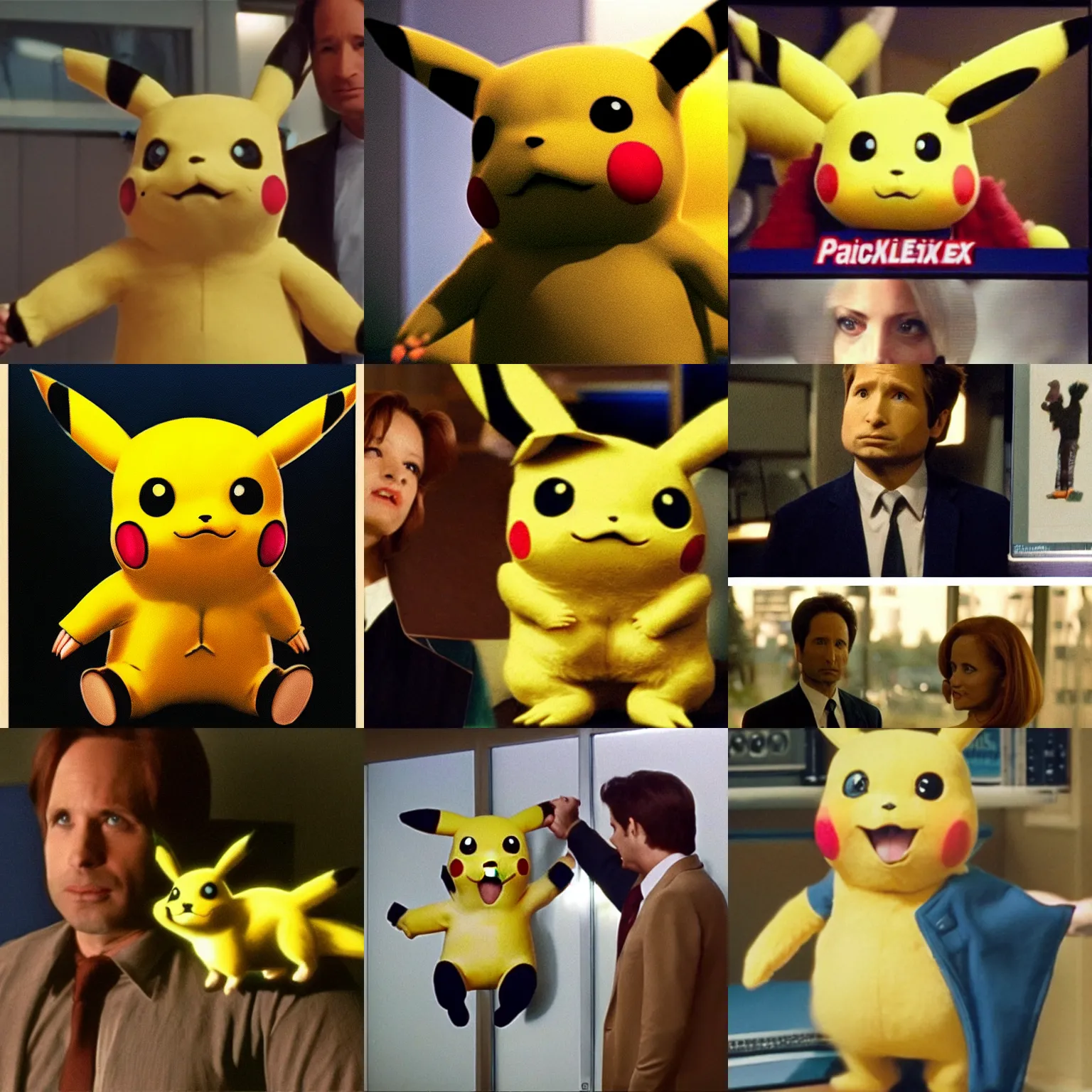 Prompt: realistic pikachu on the x - files tv show