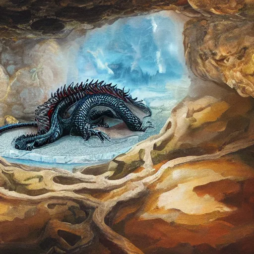 Prompt: highly detailed oil painting of a hotspring in a quartz cave with a black dragon sitting in the middle of it