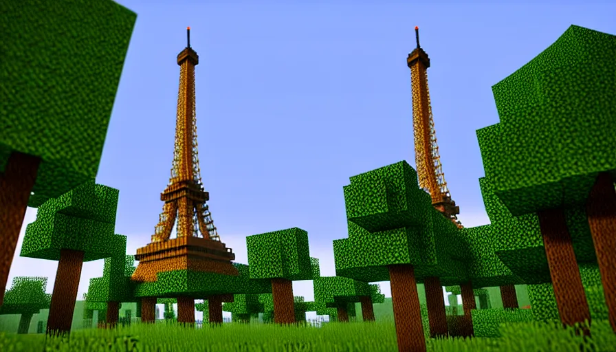 Image similar to minecraft screenshot of the eiffel tower in the middle of a forest, bokeh, high quality, promotional photograph, enb, godrays, ultra render, anti aliasing, post processing