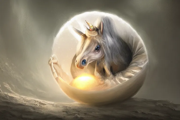 Image similar to a baby unicorn hatching out of a egg, matte painting, concept art, digital art, trending on artstation, 4 k, extremely detailed, realistic, fantasy art,