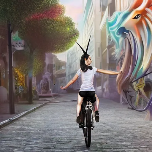 Image similar to one unicorn riding a bike in the tel aviv streets, vivid, digital art, artstation, 8 k