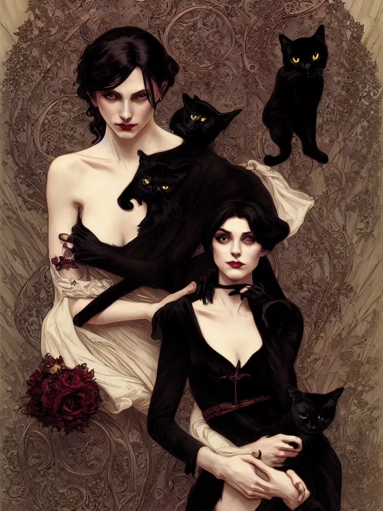 Image similar to an elegant single victorian vampire holding lovingly a black cat on her arms, portrait, intricate, elegant, highly detailed, digital painting, artstation, concept art, rough, sharp focus, illustration, art by artgerm and greg rutkowski and alphonse mucha and cris ortega and serge birault