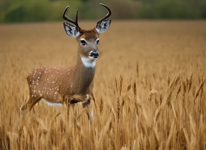 Image similar to A photo of a deer standing in a wheat field surrounded by a forest