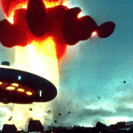 Image similar to mothership from independence day (1996) destroying a mcdonalds