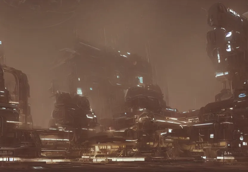 prompthunt: a minimalist scifi brutalist maschinen krieger robot factory at  night with columns of steam, ilm, beeple, star citizen halo, mass effect,  bladerunner, elysium