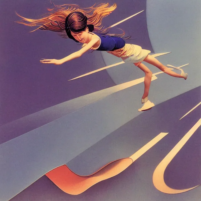 Prompt: feminine korean girl, sharp, bauhaus, aerodynamic, fast, flat art, digital art, hd, by bruce pennington, by escher