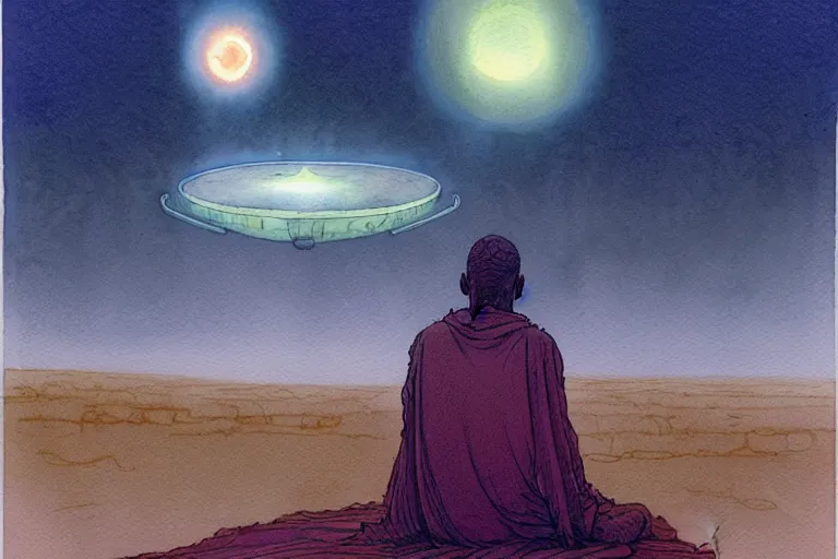 Image similar to a hyperrealist watercolour character concept art portrait of a middle eastern merchant kneeling down in prayer in front of an elegant alien with 1 2 eyes on a misty night in the desert. a ufo is in the background. by rebecca guay, michael kaluta, charles vess and jean moebius giraud