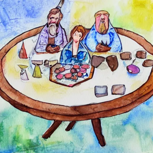 Image similar to 1 2 diamonds sitting on a table surrounded by people, watercolor painting