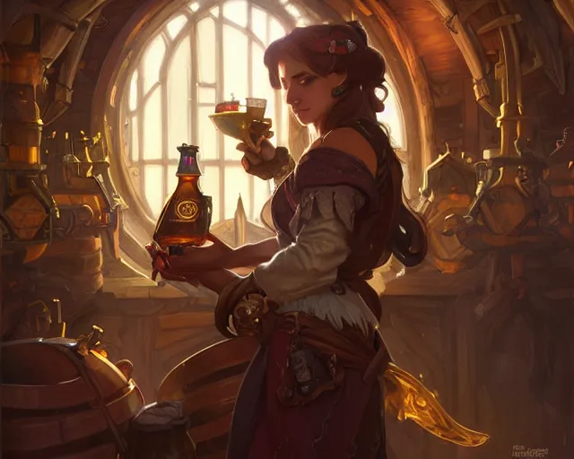 Image similar to bard in a brewery wearing informal clothing, deep focus, d & d, fantasy, intricate, elegant, highly detailed, digital painting, artstation, concept art, matte, sharp focus, illustration, hearthstone, art by artgerm and greg rutkowski and alphonse mucha