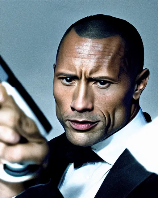 Image similar to Film still close-up shot of Dwayne Johnson as James Bond from the movie Goldeneye. Photographic, photography