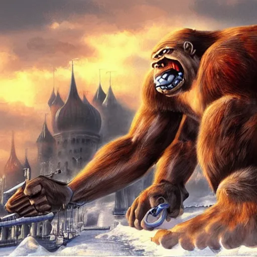 Image similar to angry king kong attacks winter kremlin, digital painting, very detailed environment, art by artgerm and boris vallejo