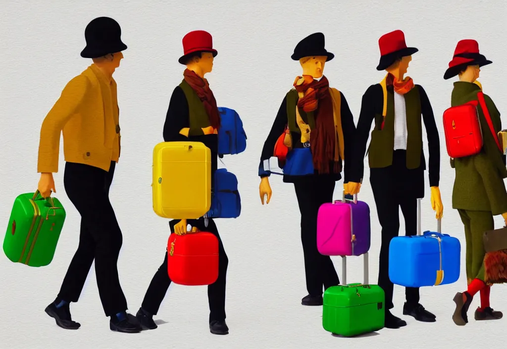 Image similar to full body portrait of a trio of european tourists autumn travel apparel, various poses walking and carrying luggage, character designs painting, in the style of wes anderson, rene magritte, lola dupre, david hockney, isolated on white background, dark monochrome neon spraypaint accents volumetric octane render