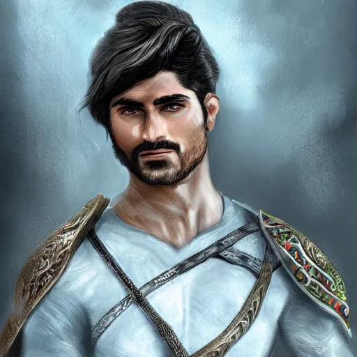 Image similar to kurdish male warrior, highly detailed, digital painting, artstation, concept art, sharp focus, illustration, incredibly strong and handsome