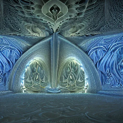 Prompt: a beautiful 3 d painting of a huge sprawling fractal cathedral interior populated by mandelbrot fractals by android jones, unreal engine, carved stone, carved soap, white color scheme, volumetric lighting, octane render, dramatic lighting, glowing, carved marble, opalescent, sacred geometry, religious, angelic, catholicpunk, stark, 8 k, ultra detailed