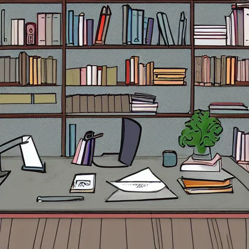 Prompt: office desk, illustration, in the style of henry rivers