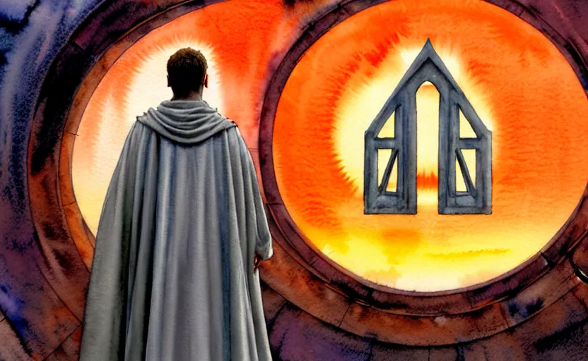 Image similar to a hyperrealist watercolor concept art of a medieval monk in grey robes with an orange sunset sky. a stargate is in the background and an blue sky is seen through the stargate. very muted colors, by rebecca guay, michael kaluta, charles vess. high detail, hq, wide shot, 4 k