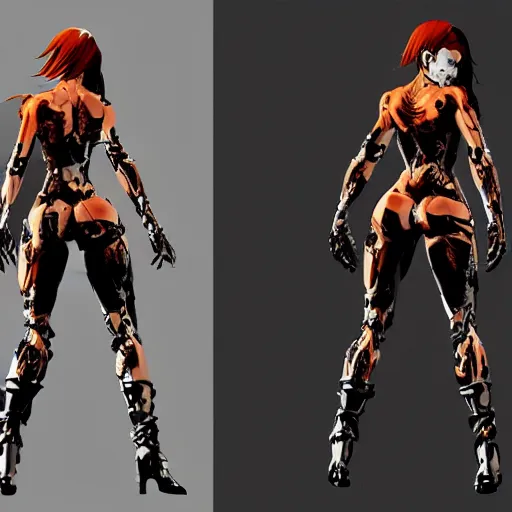 Image similar to yoji shinkawa render of redhead cyborg with curvy figure, glitches, concept art