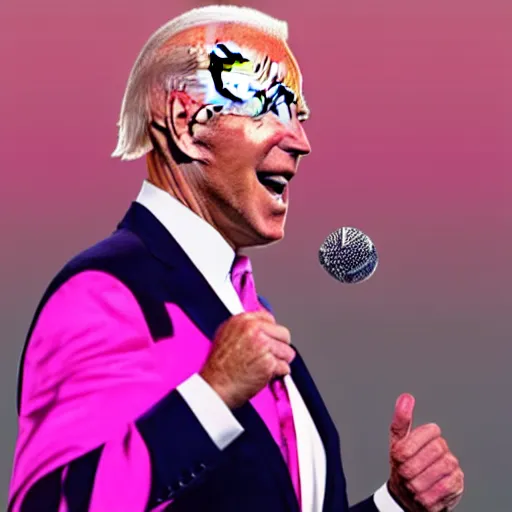 Image similar to photo of joe biden wearing a pink outfit singing into a microphone on a stage at a live concert, exciting, 8 k, very detailed,