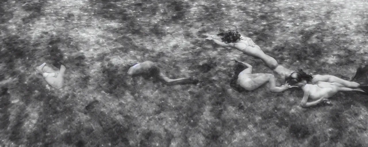 Image similar to an ultra wide in colour 3 5 mm film photo of gathering of half alien half human half mermaid hybrids, hunting underwater in a public swimming pool, liminal spaces, ritual occult gathering, film grain