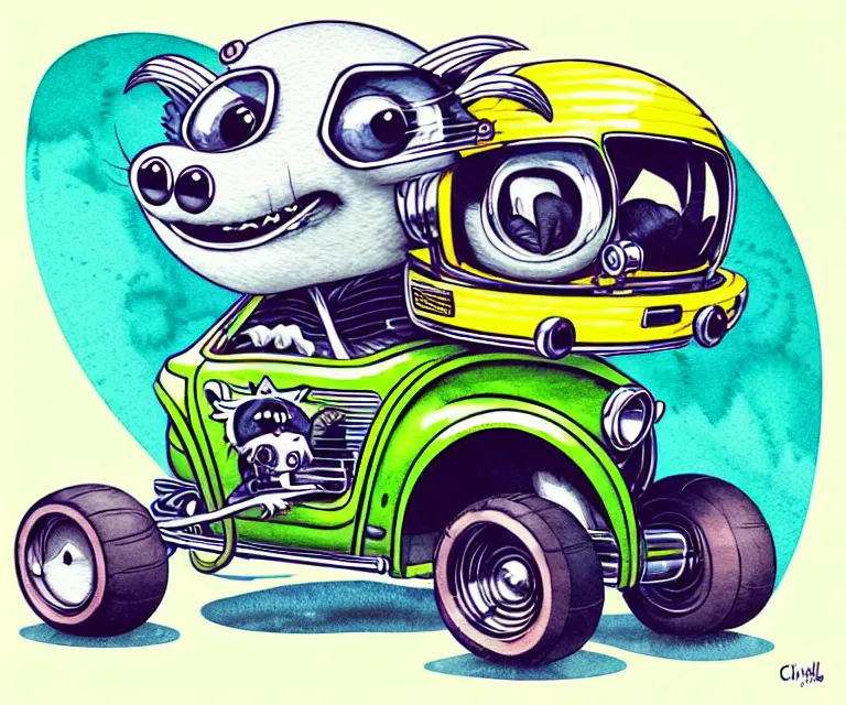 Image similar to cute and funny, racoon wearing a helmet riding in a tiny hot rod with oversized engine, ratfink style by ed roth, centered award winning watercolor pen illustration, isometric illustration by chihiro iwasaki, edited by craola, tiny details by artgerm and watercolor girl, symmetrically isometrically centered