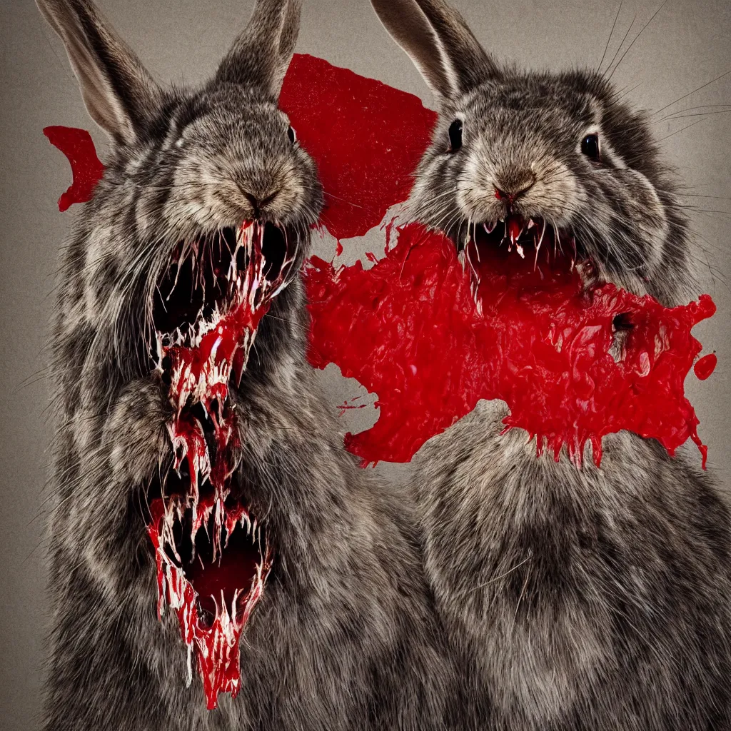 Prompt: hq studio portrait of predatory rabbit with big canine teeth and blood dripping from it's mouth