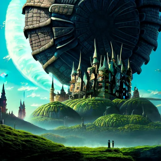 Image similar to giant tortoise walking with a large fantasy castle rising growing from the top of it, distant shot birds eye view, fantasy, hyper detailed, 4 k, howls moving castle, mortal engines,