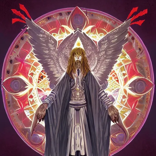 Image similar to 4K headshot portrait of godlike Warlock of Nazareth with defined arms and open hands and bloody clothes with giant mandala wings , intricate face , flawless anime cel animation by Kentaro Miura, psychedelic , highly detailed upper body , professionally post-processed , beautiful, scary, symmetry accurate features, epic, octane rendered, anime masterpiece, accurate by Craig Mullins, ilya kuvshinov, krenz cushart, epic , artgerm trending on artstation by Edward Hopper and Dan Mumford and WLOP and Rutkovsky, beksinski carl spitzweg moebius and tuomas kocar, intricate artwork by caravaggio, Unreal Engine 5, Lumen, Nanite