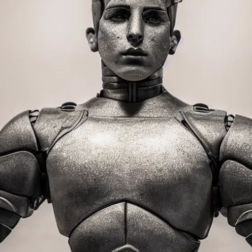 Image similar to a realistic detailed photo of a guy who is an attractive humanoid who is half robot and half humanoid, who is a male android, wrestler nick suriano, shiny skin, posing like a statue, blank stare, by the pool, on display, showing off his muscles, humanoid robot, frozen ice statue