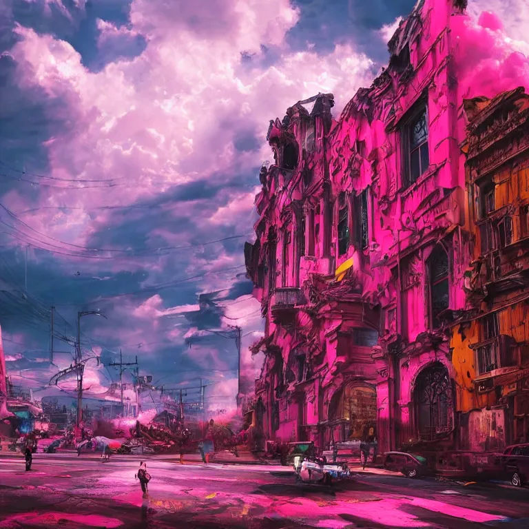 Image similar to oil painting, rich deep colors masterpiece, pink, punk, neon, ultra detailed, contrast, heaven pink, lots of roman arches, bright punk, punk rock, people with mohawks, clouds, sky, volumetric light, atmospheric lighting, dramatic, cinematic, steampunk, moody, octane render 4 k, 8 k