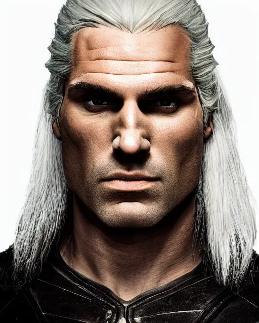 Image similar to portrait of geralt of rivia, 5 5 mm lens, professional photograph, times magazine, serious, stern look