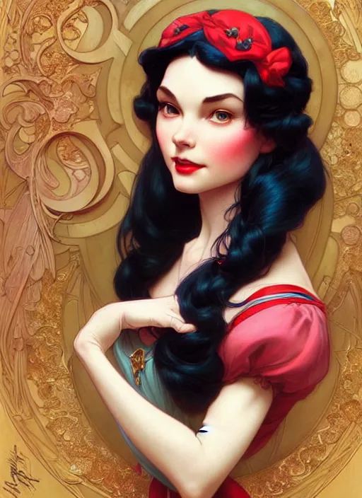 Image similar to portrait of disney snow white, intricate, elegant, highly detailed, my rendition, digital painting, artstation, concept art, smooth, sharp focus, illustration, art by artgerm and greg rutkowski and alphonse mucha and uang guangjian and gil elvgren and sachin teng, symmetry!!